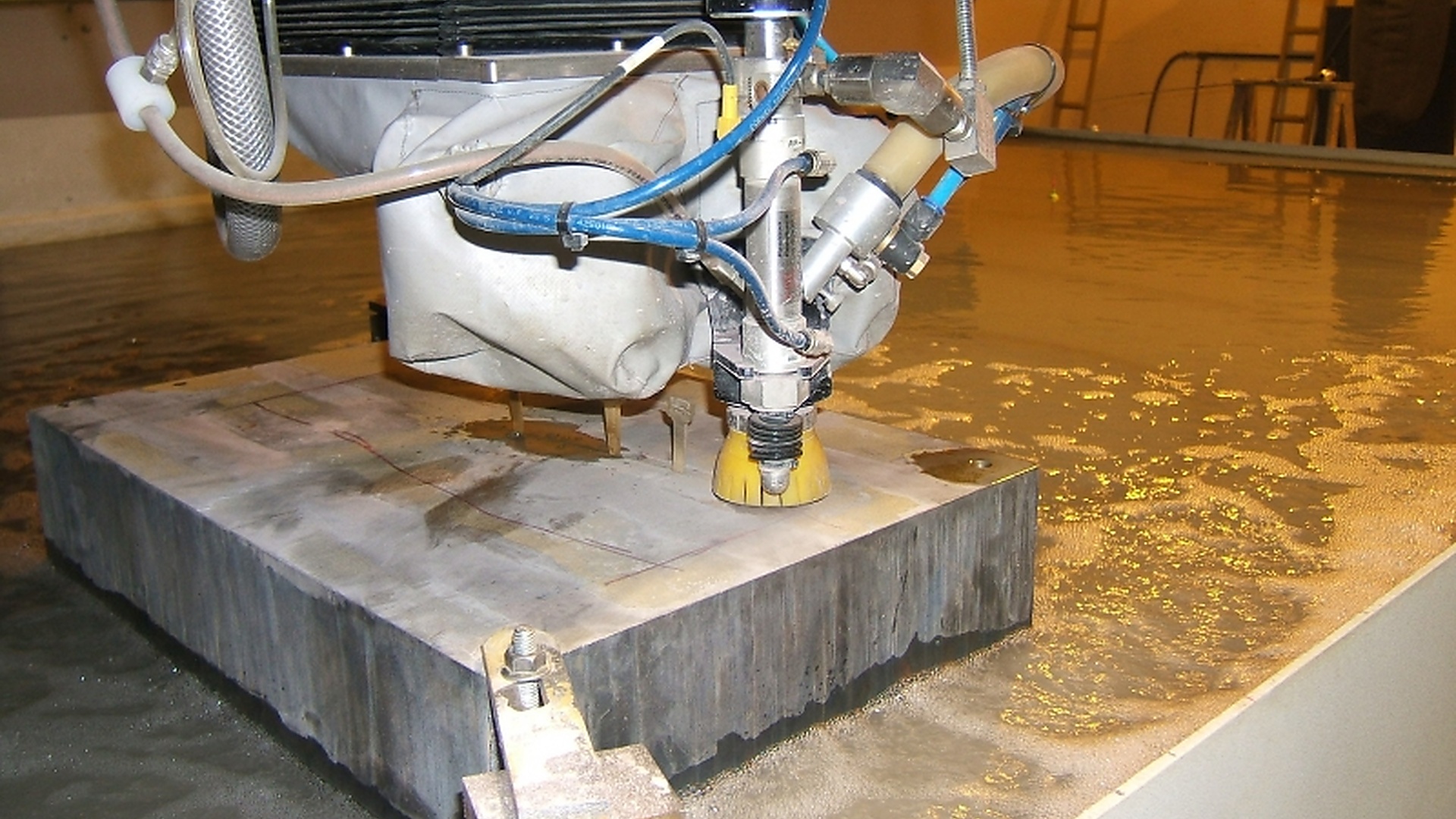 Waterjet cutting action shot